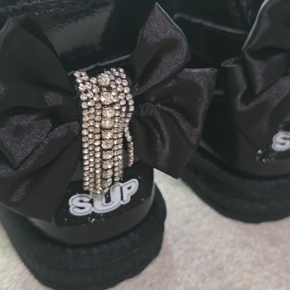 Metallic Black Faux Fur Rhinestone Tassel Bow Boots